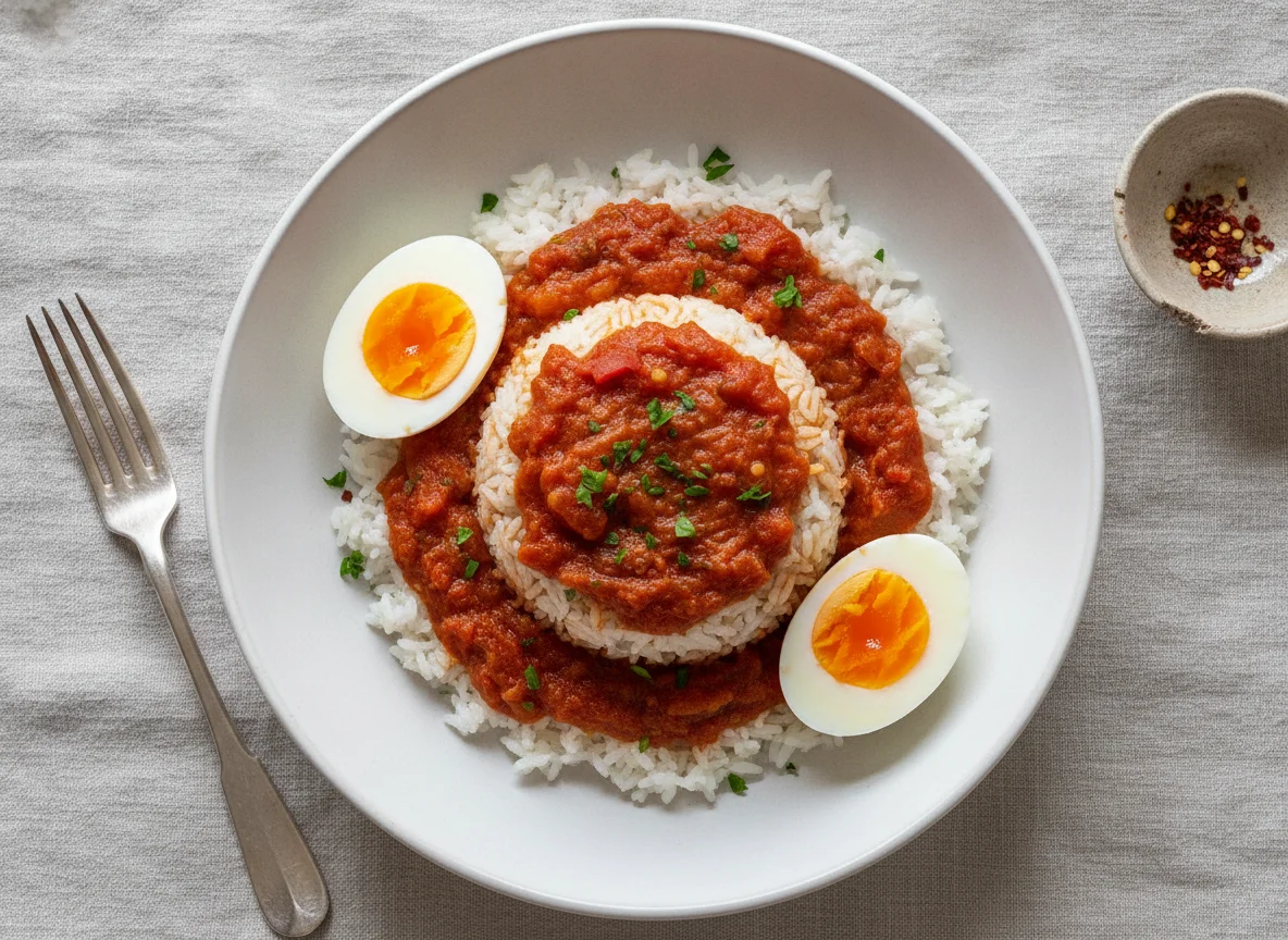 Arroz con salsa de tomate y huevos duros photo