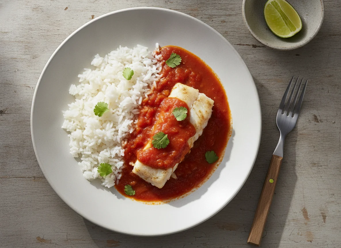 Arroz con salsa y pescado photo