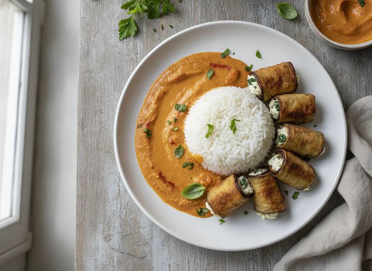 Arroz con salsa y rollos de berenjena photo