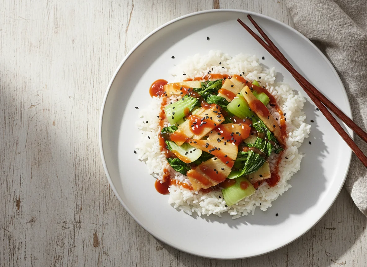 Arroz con salteado de bambú y bok choy photo