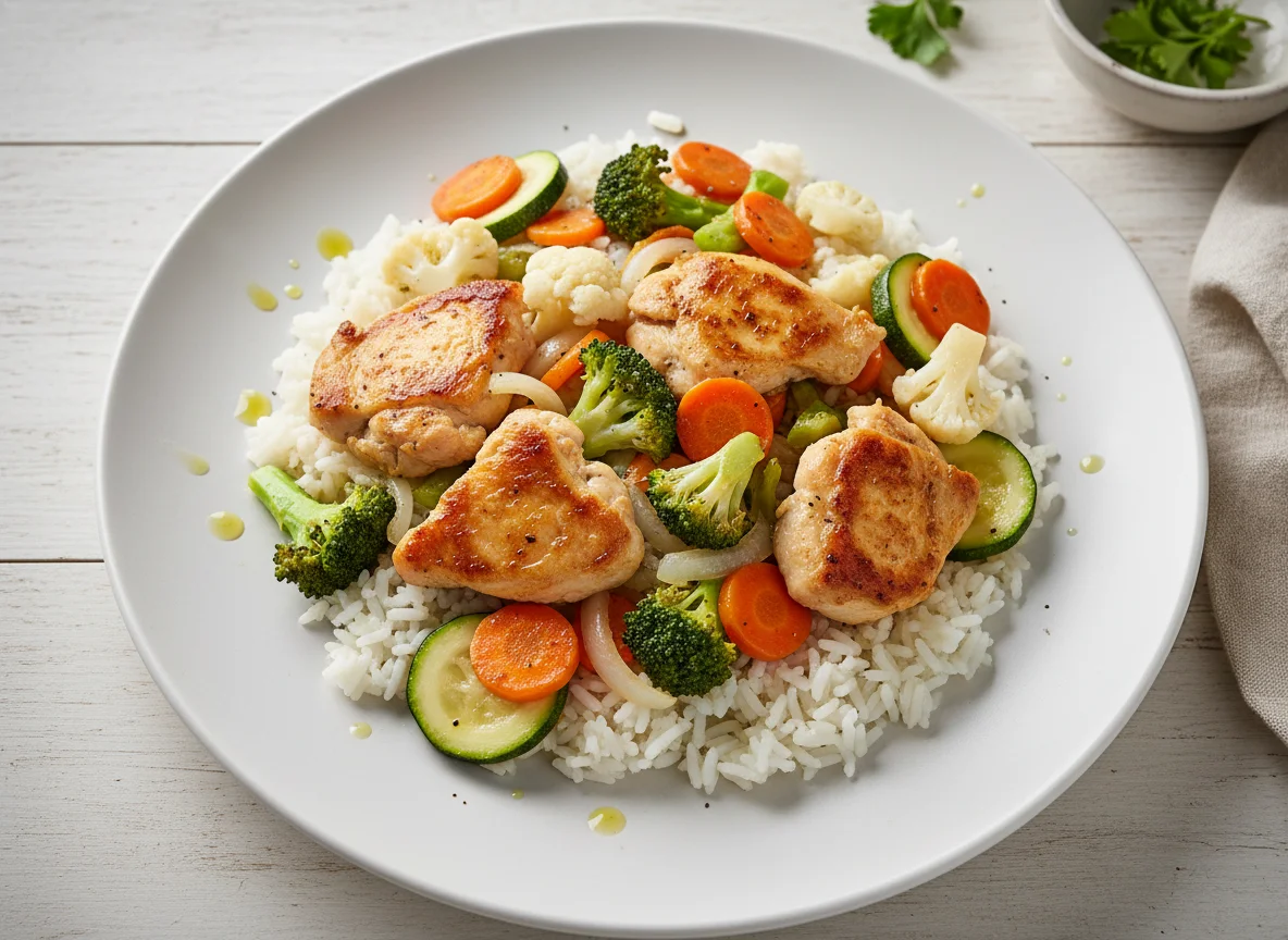 Arroz con salteado de pollo y verduras photo