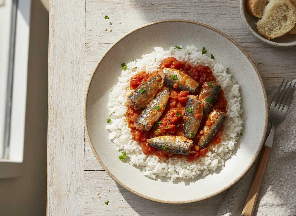 Arroz con sardinas en salsa de tomate photo