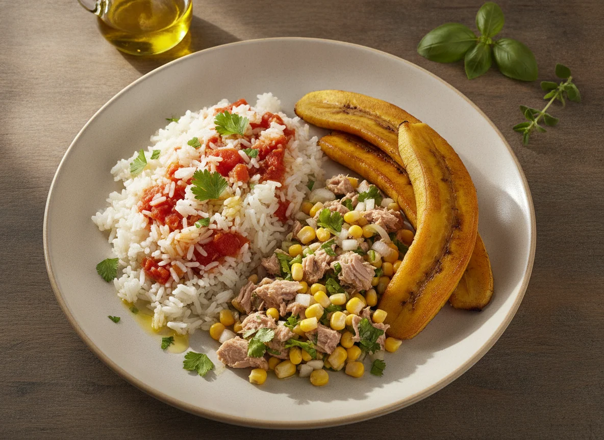 Arroz con tomate, ensalada de atún y maíz, y plátano photo