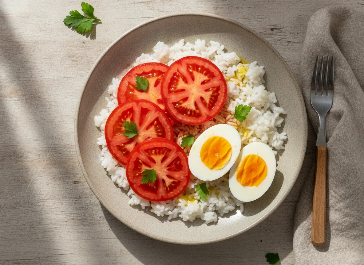 Arroz con tomate y huevos duros photo