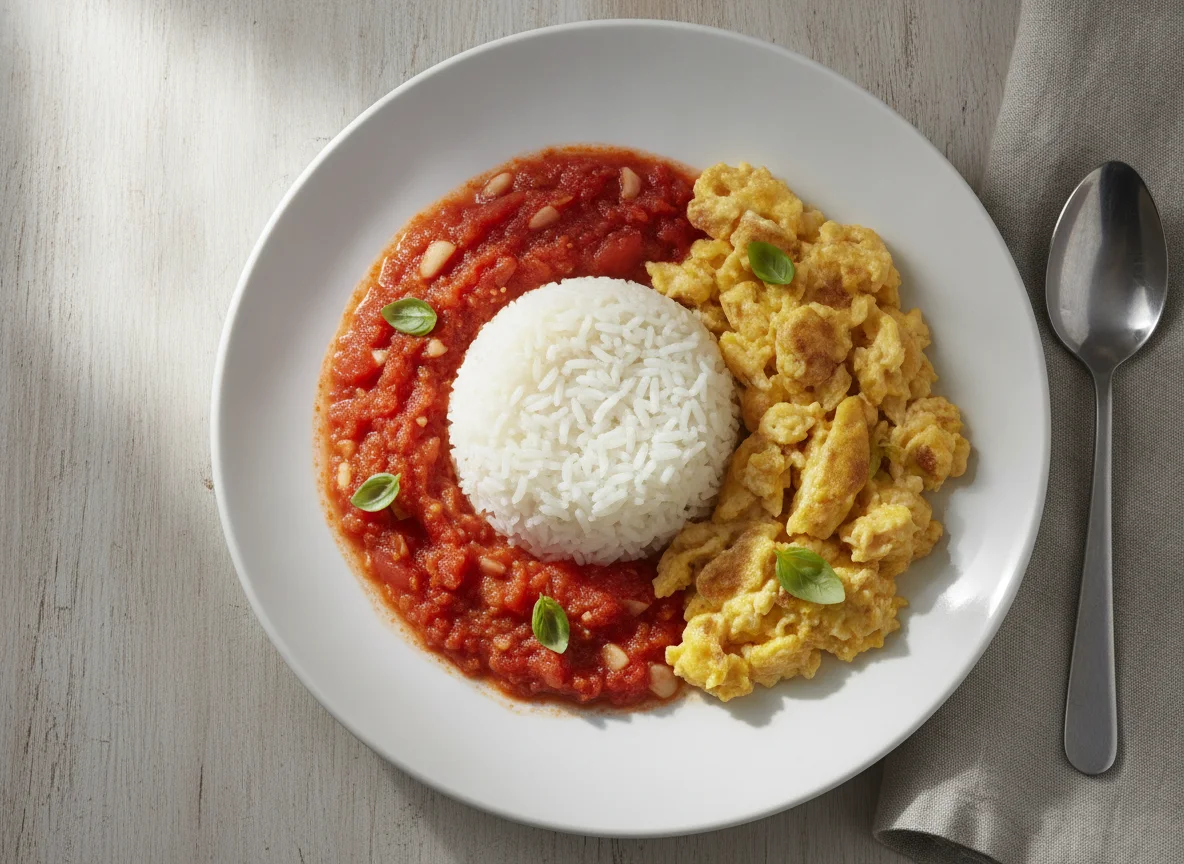 Arroz con tomate y huevos revueltos photo