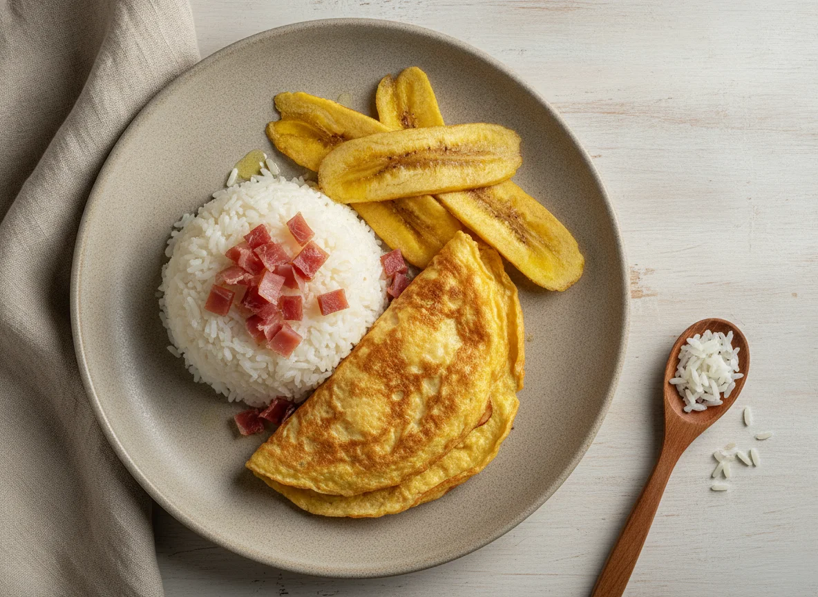 Arroz con tortilla de jamón y tajadas photo