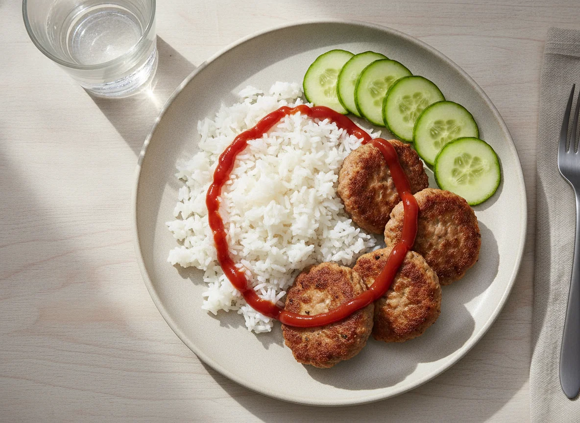 Arroz con tortitas de carne y pepino photo