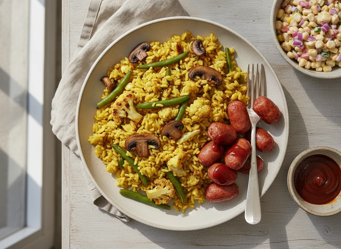 Arroz con vegetales, ensalada de maíz y salchichas photo