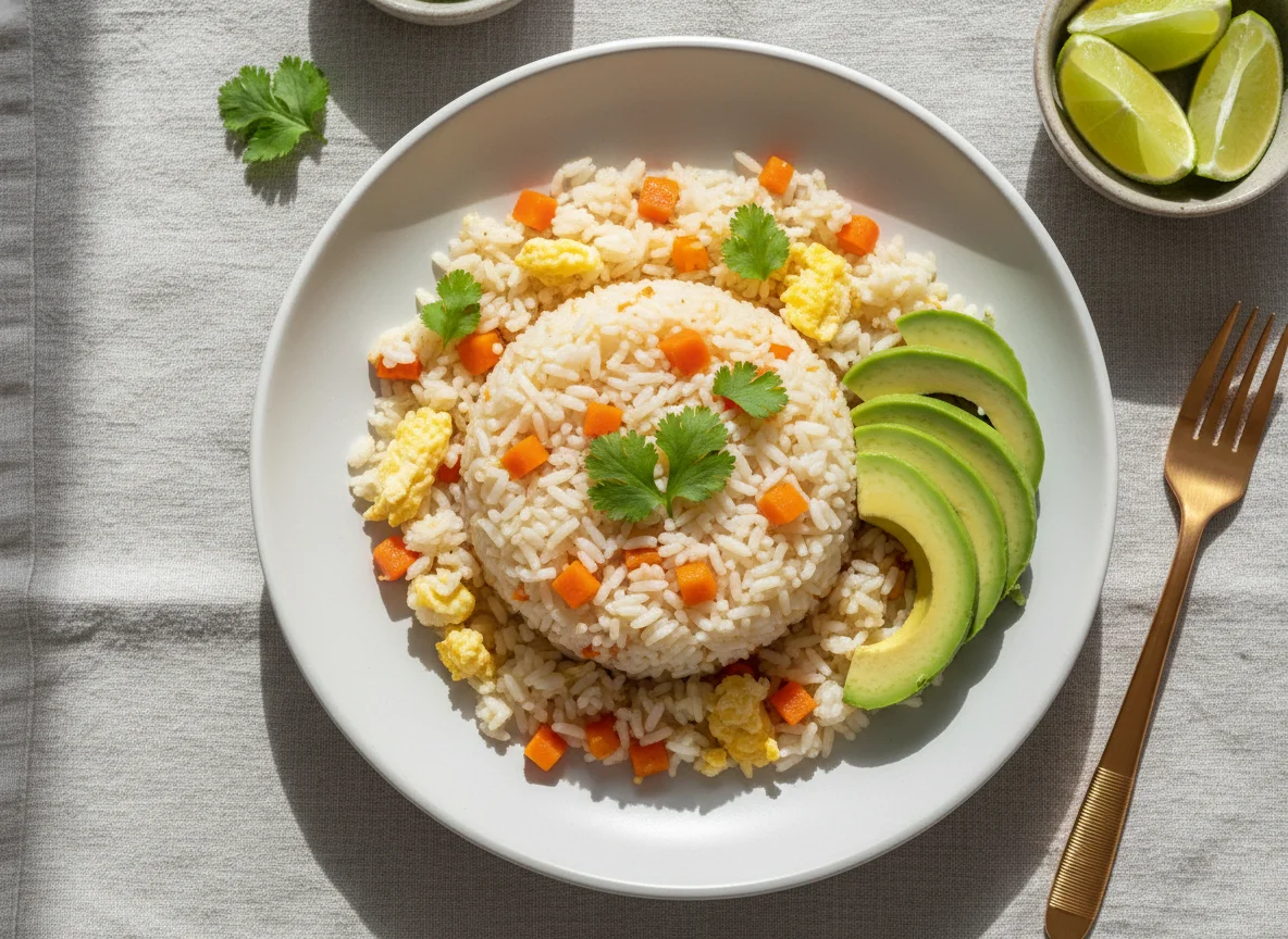 Arroz con vegetales y aguacate photo