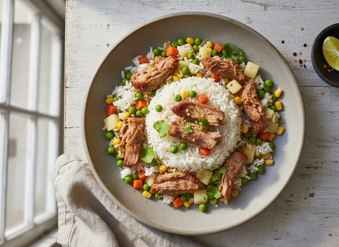 Arroz con vegetales y carne desmenuzada photo