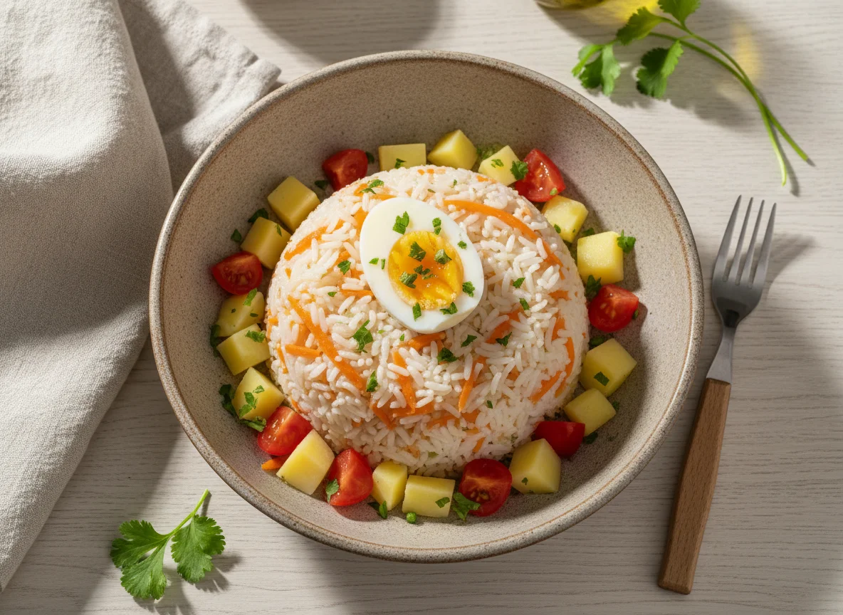 Arroz con vegetales y huevo photo
