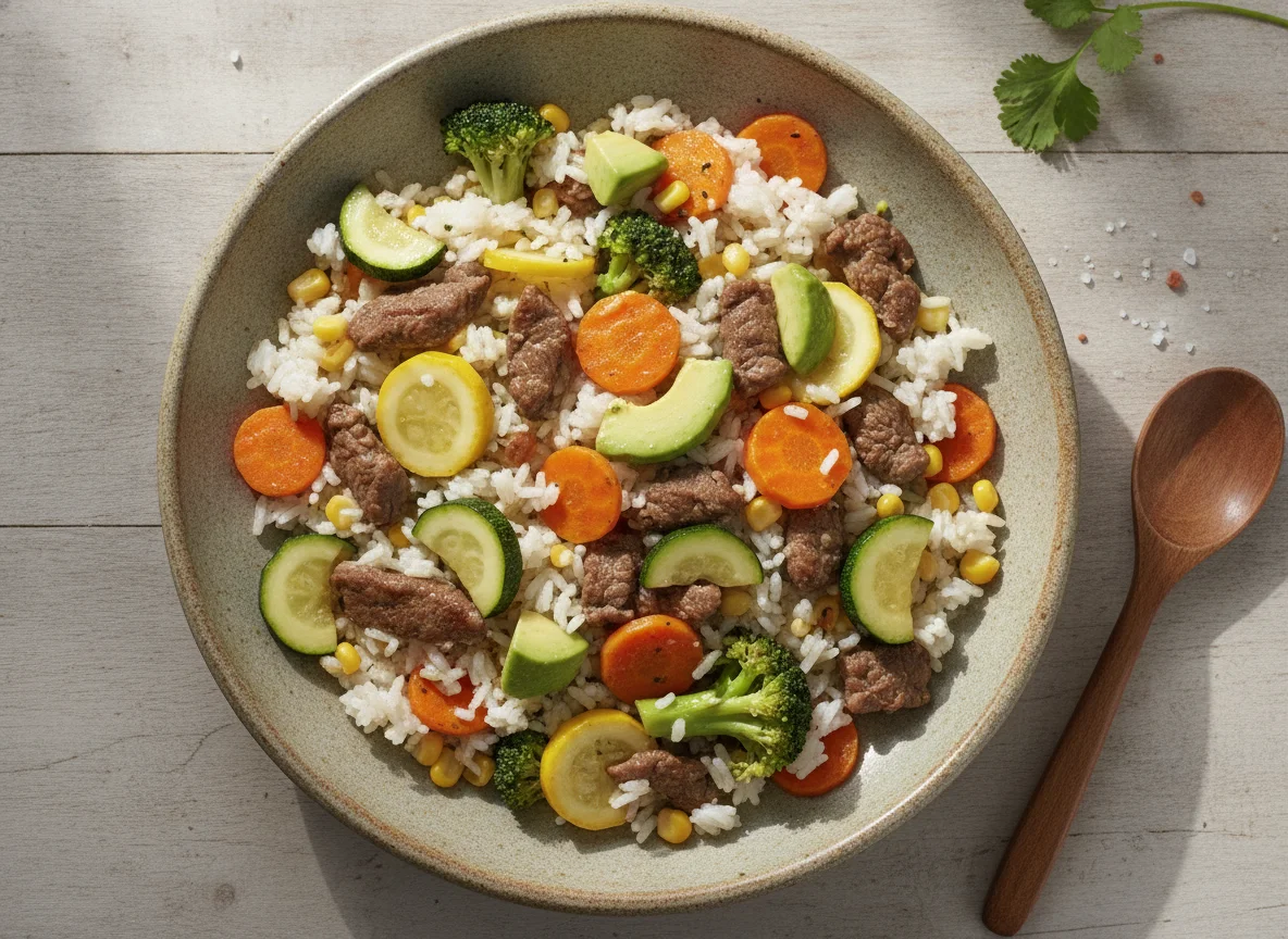 Arroz con verduras, carne y aguacate photo