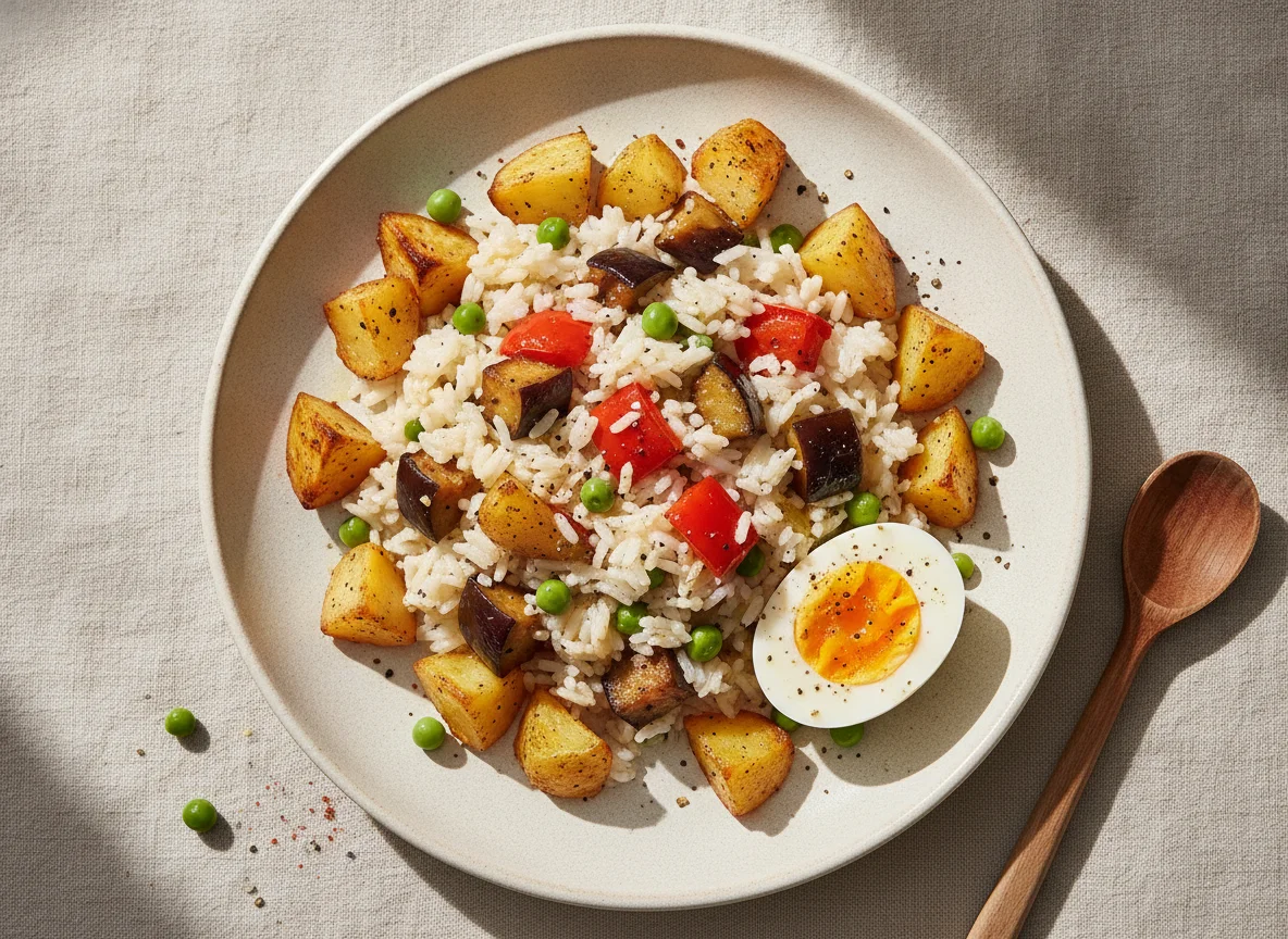 Arroz con verduras, huevo cocido y patatas asadas photo