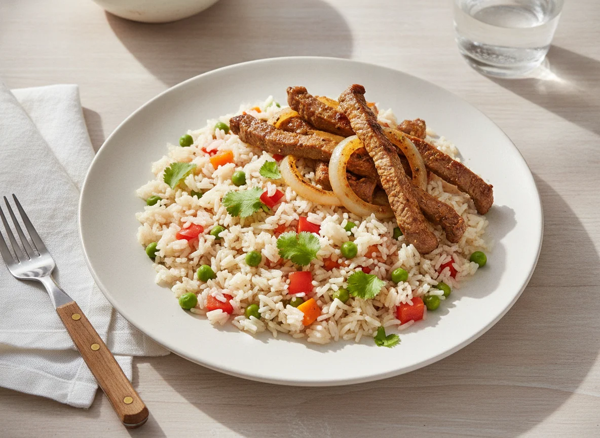 Arroz con verduras y carne de res salteada photo
