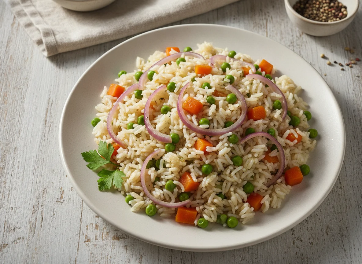 Arroz con verduras y cebolla roja photo