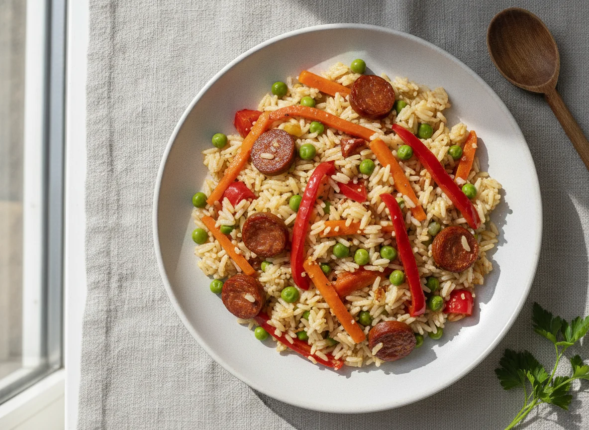 Arroz con verduras y embutido photo