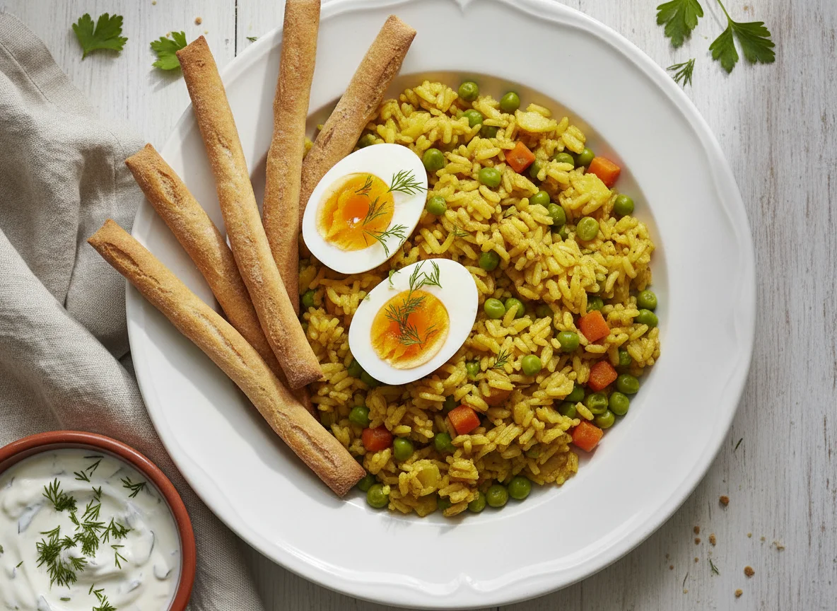 Arroz con verduras y huevo con picos de pan y salsa photo