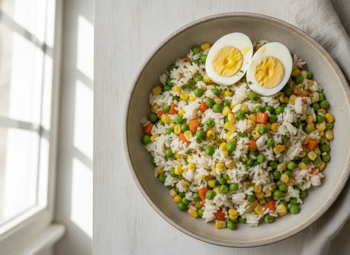 Arroz con verduras y huevos cocidos photo