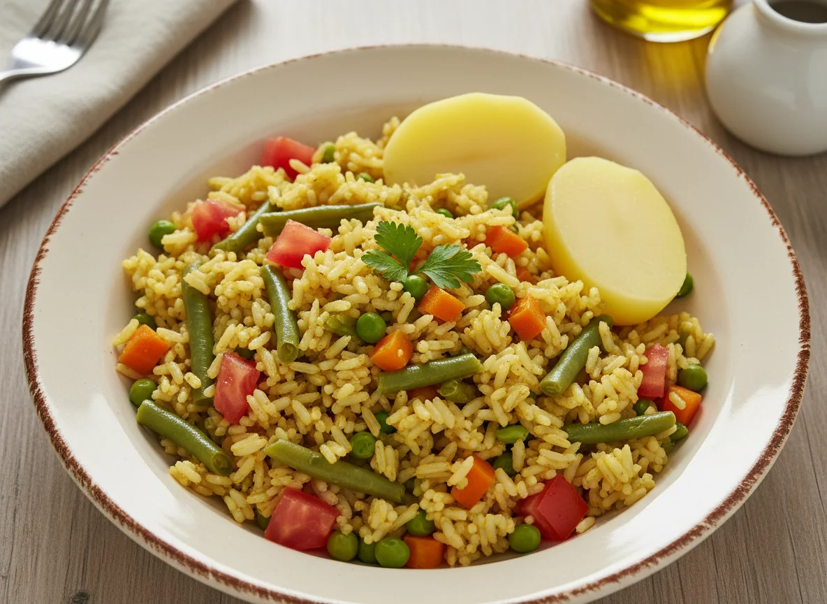 Arroz con verduras y papa sancochada photo