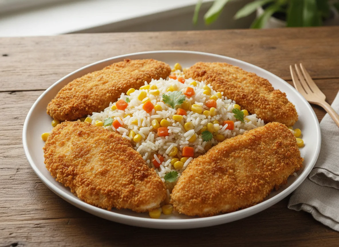 Arroz con verduras y pollo empanizado photo