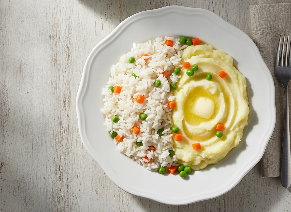Arroz con verduras y puré de papas photo