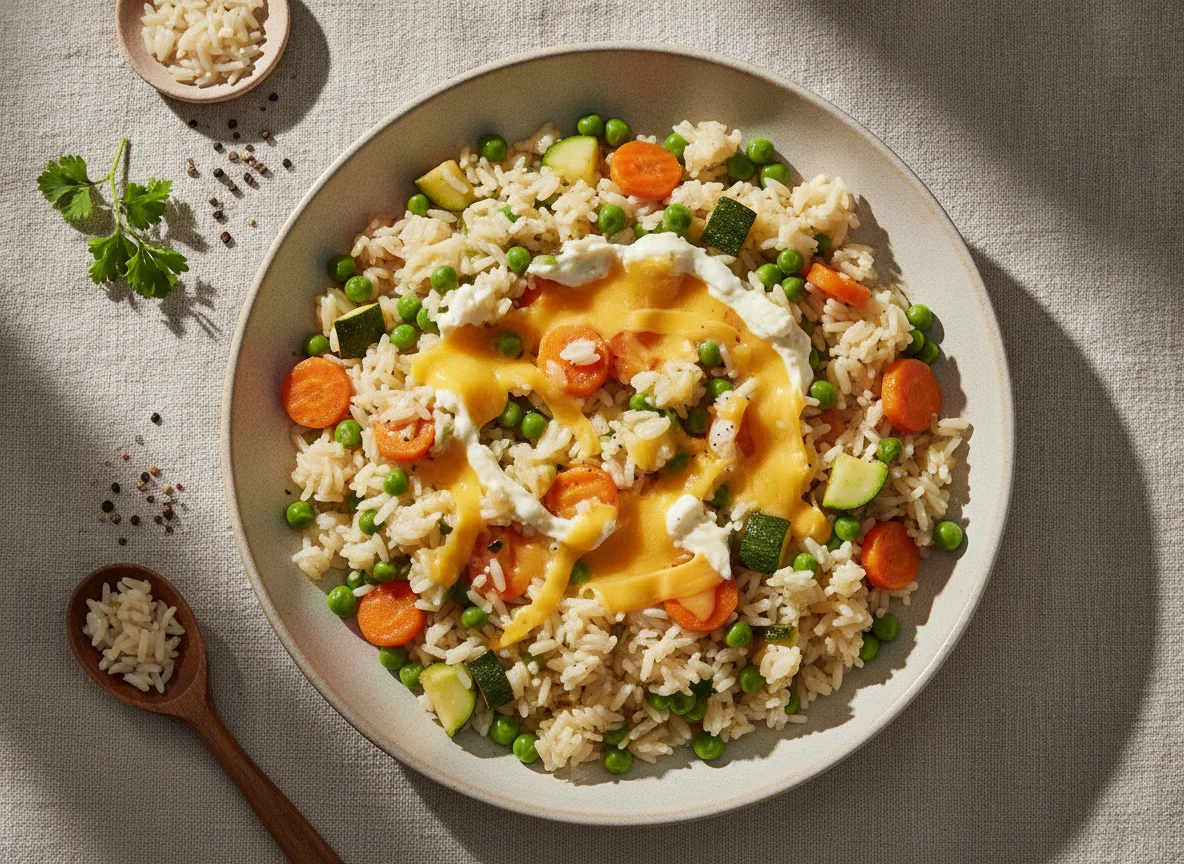 Arroz con verduras y queso photo
