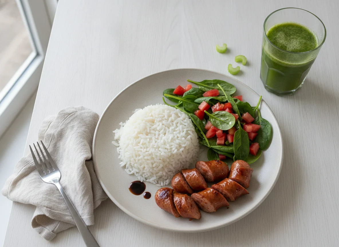 Arroz con vienesas, ensalada y jugo verde photo