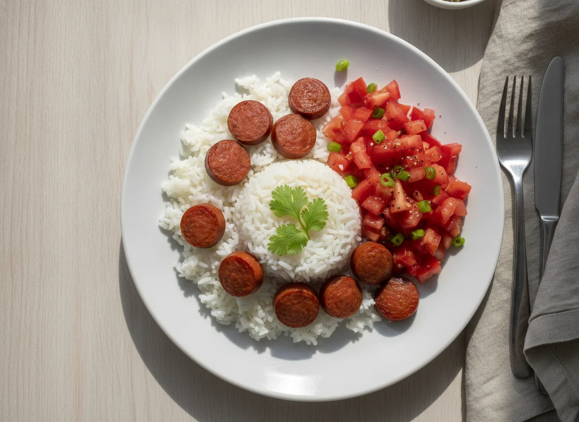 Arroz con vienesas y ensalada de tomate photo
