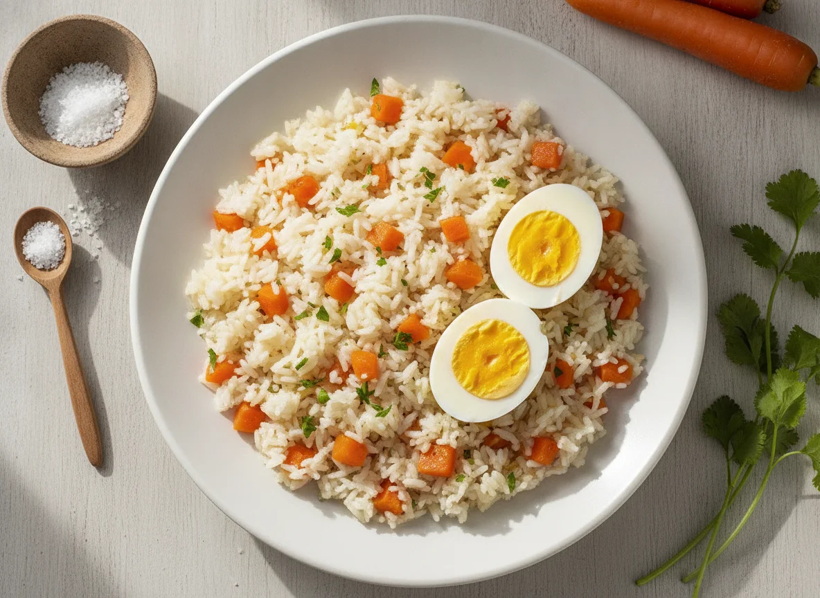 Arroz con zanahoria y huevos cocidos photo