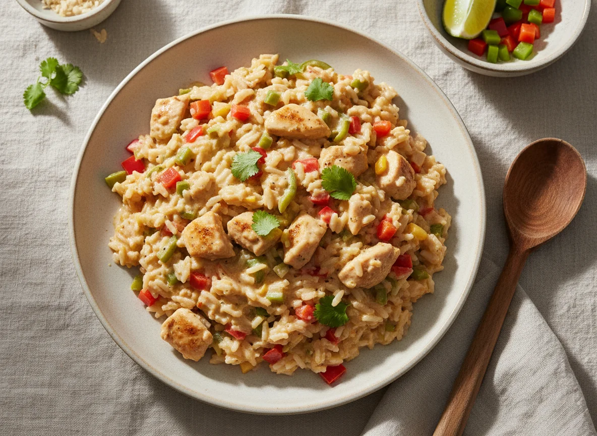 Arroz cremoso con pollo y vegetales photo