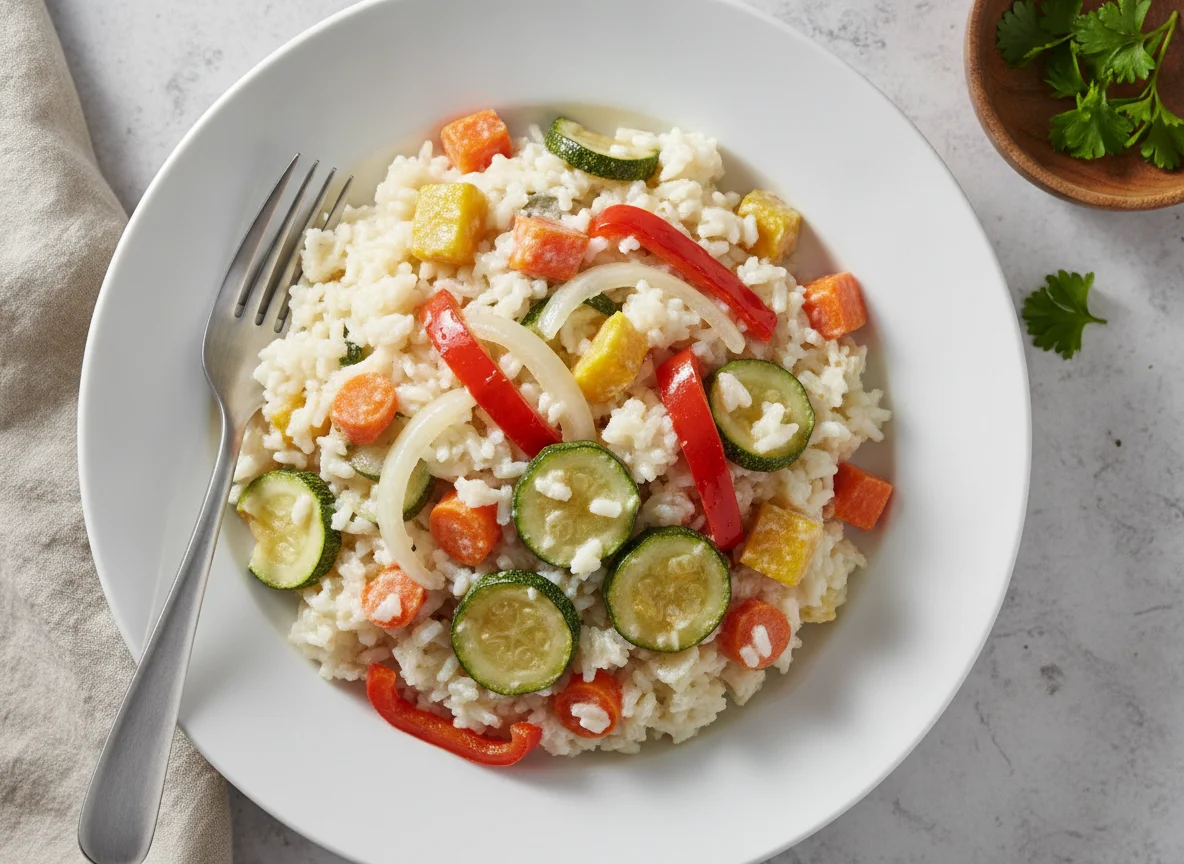 Arroz cremoso con vegetales salteados photo