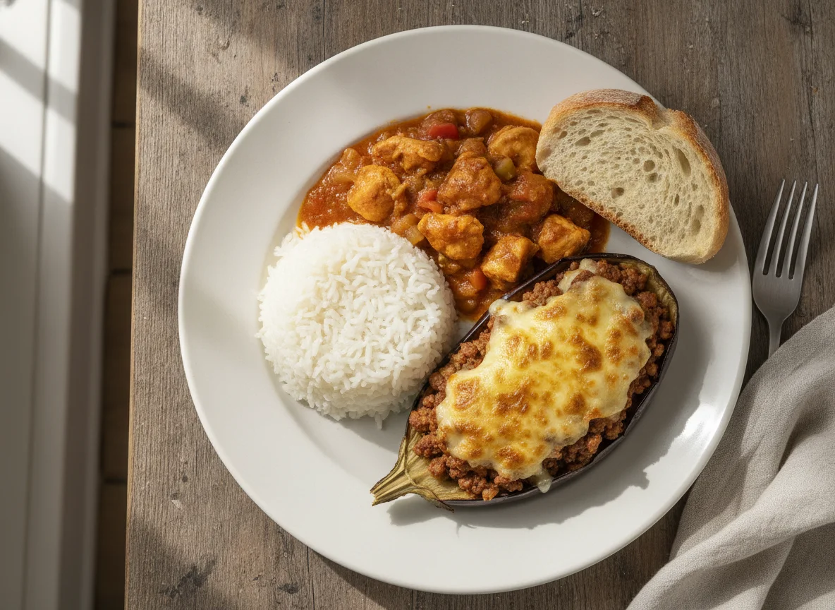 Arroz en salsa de pollo con berenjena rellena y pan photo