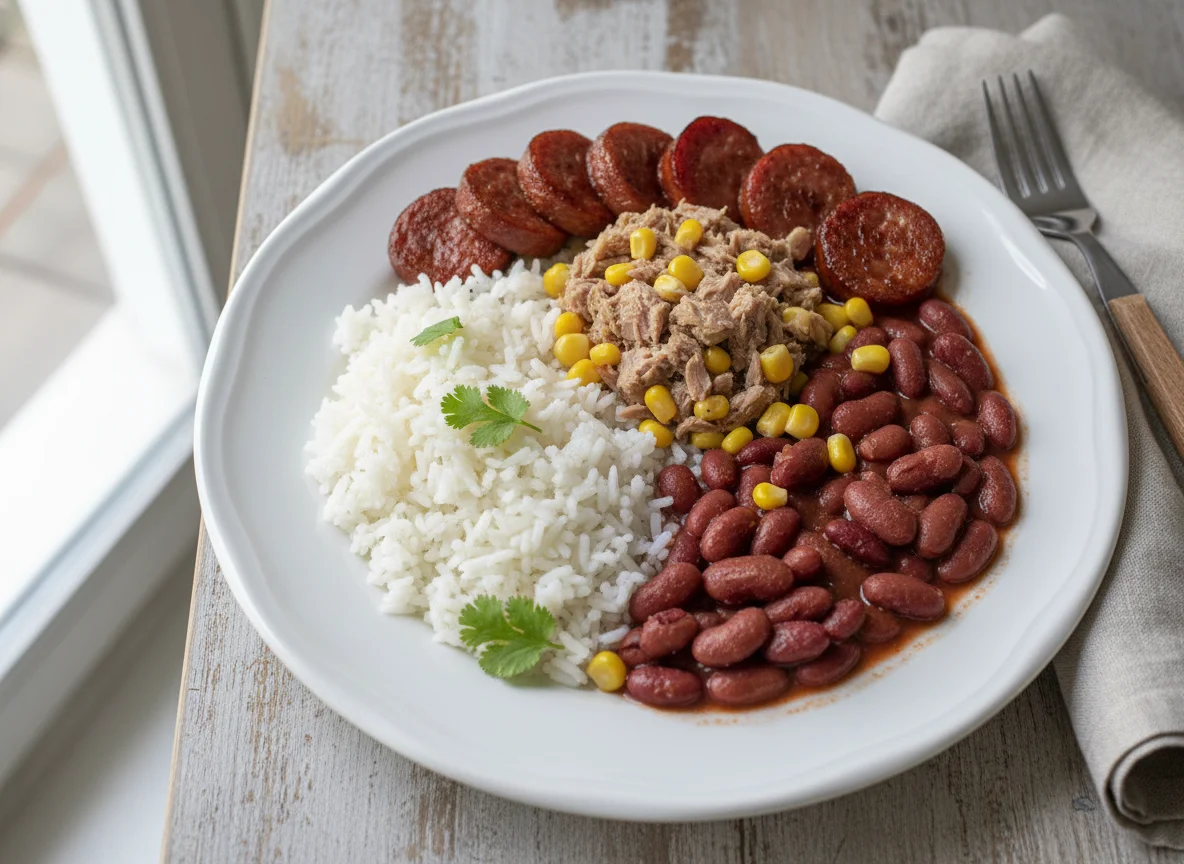 Arroz, frijoles, atún con maíz dulce y salchichón photo