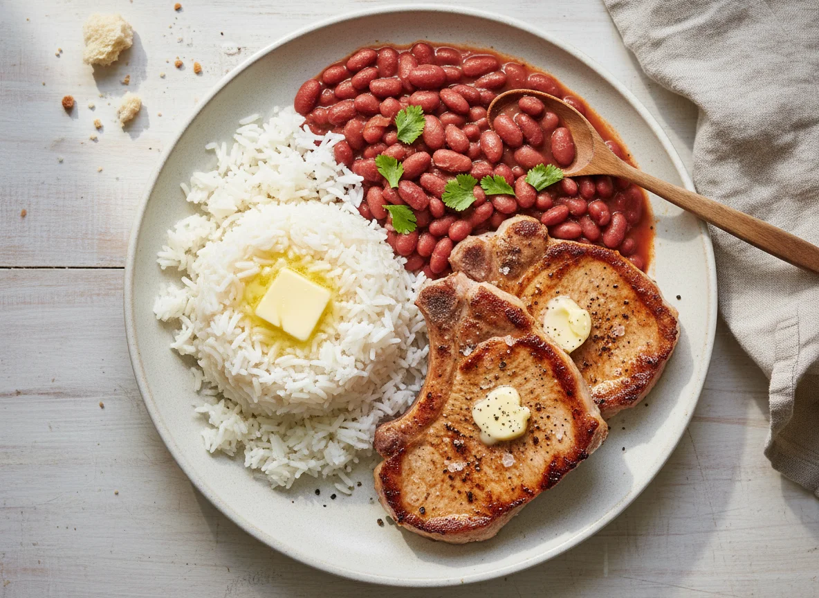 Arroz, frijoles, chuletas de cerdo y mantequilla photo