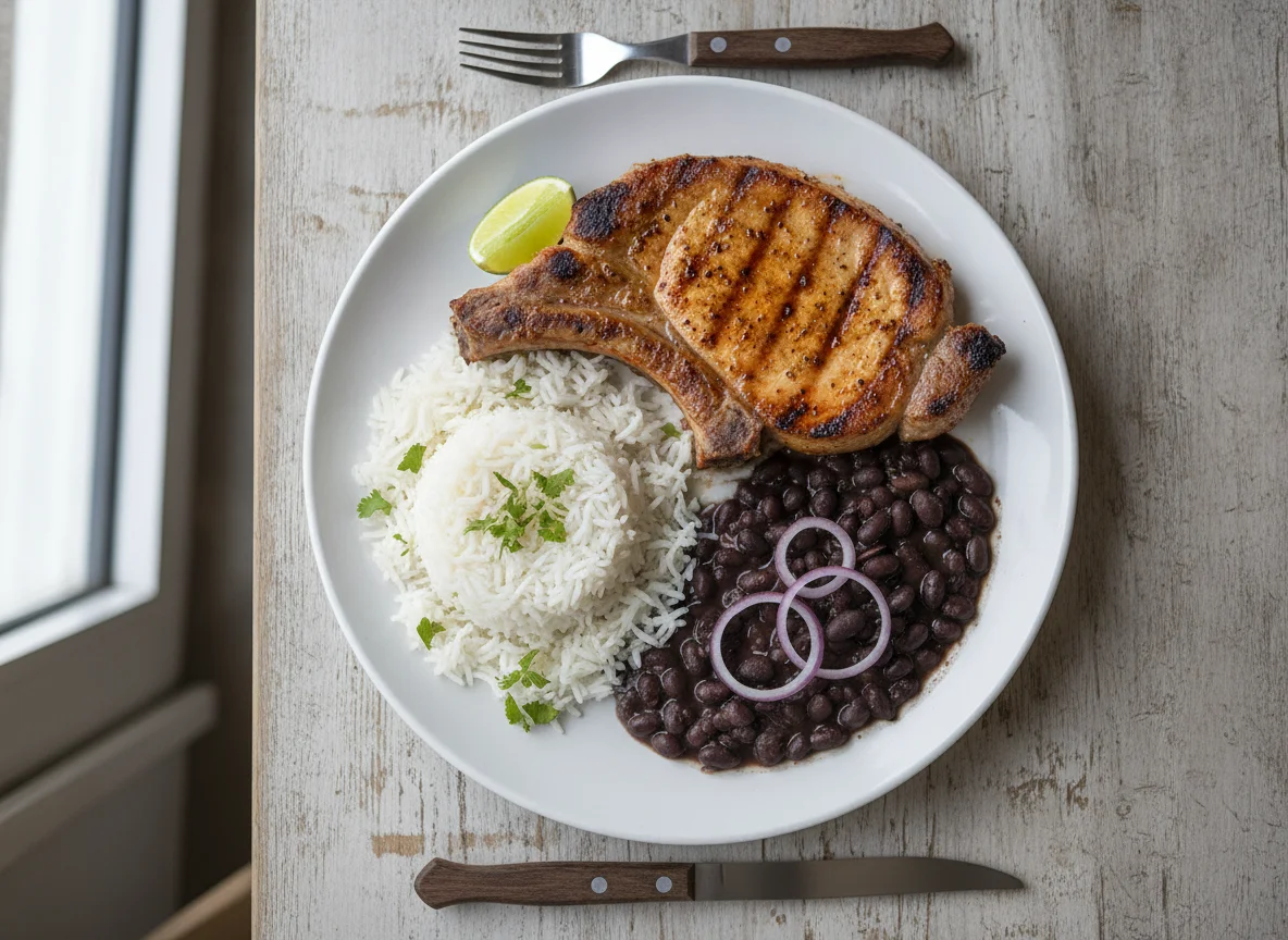 Arroz, frijoles negros y chuleta de cerdo photo