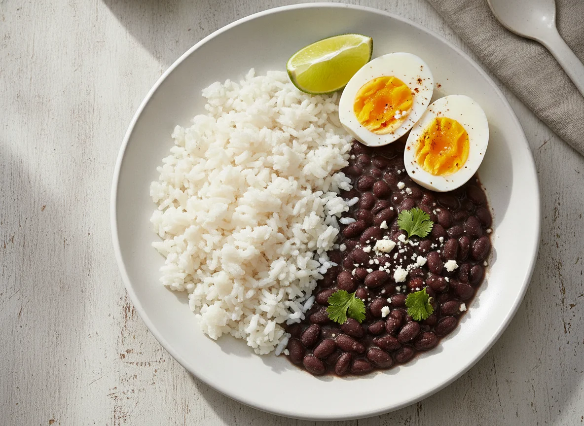 Arroz, frijoles negros y huevos cocidos photo