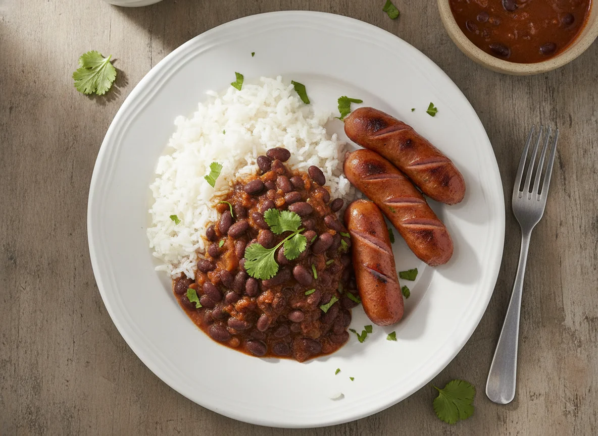 Arroz, frijoles y salchichas photo