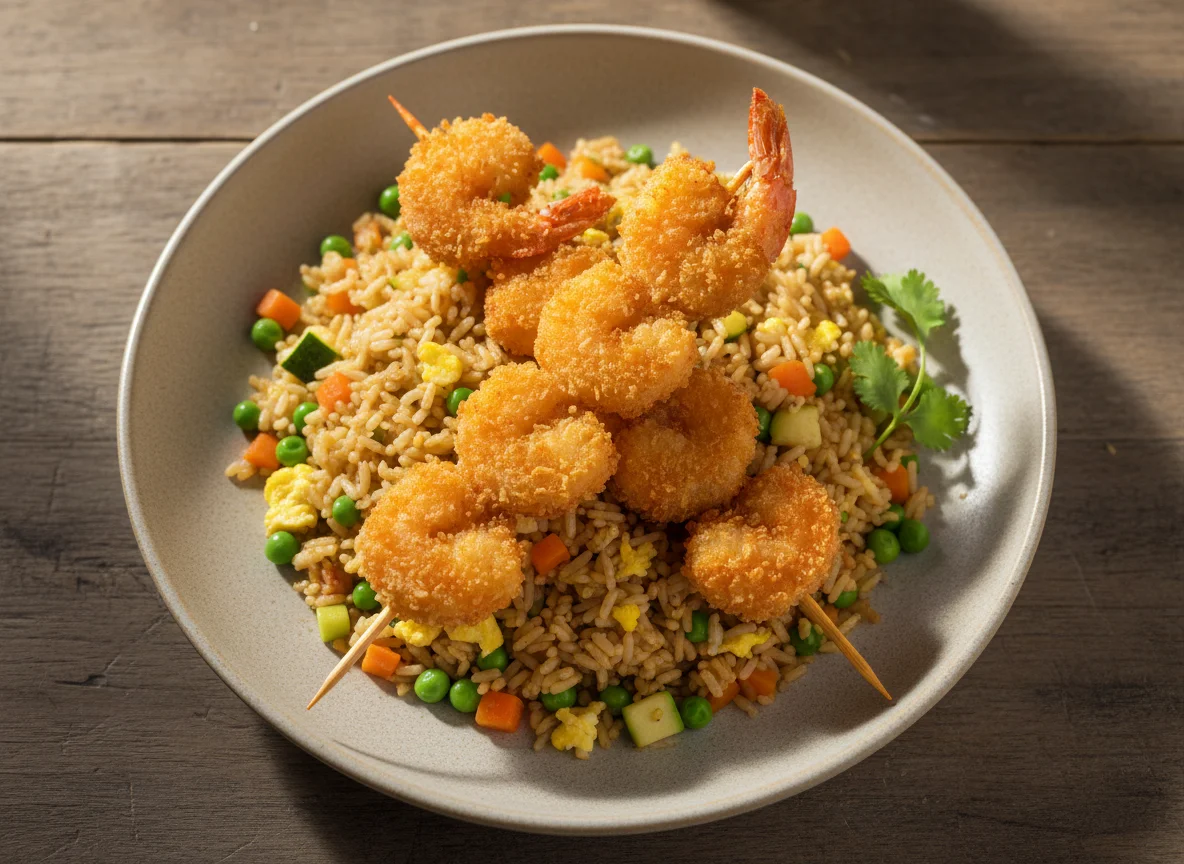Arroz frito con brochetas de camarón empanizado photo