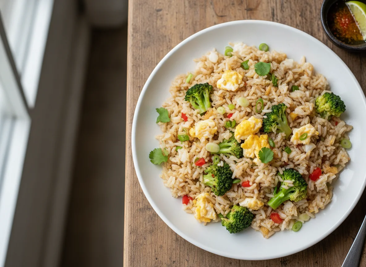 Arroz frito con brócoli y huevo photo