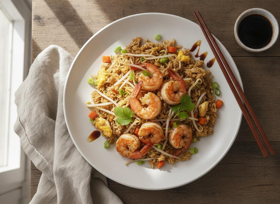 Arroz frito con camarones photo