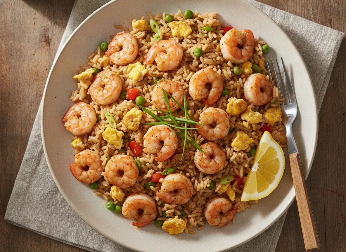 Arroz frito con camarones y huevo photo
