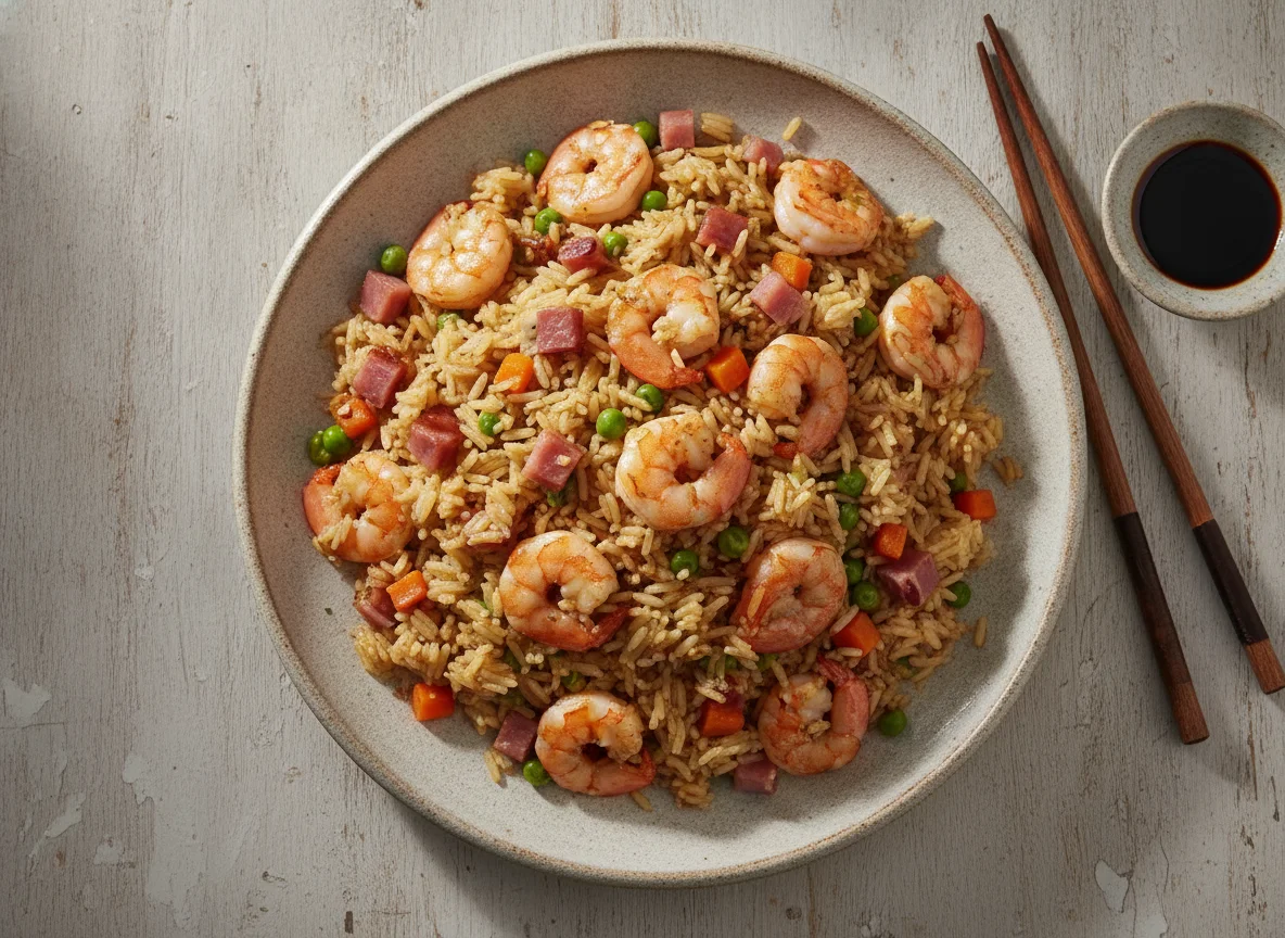 Arroz frito con camarones y jamón photo