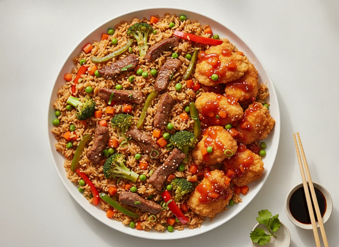 Arroz frito con carne, brócoli y pollo agridulce photo