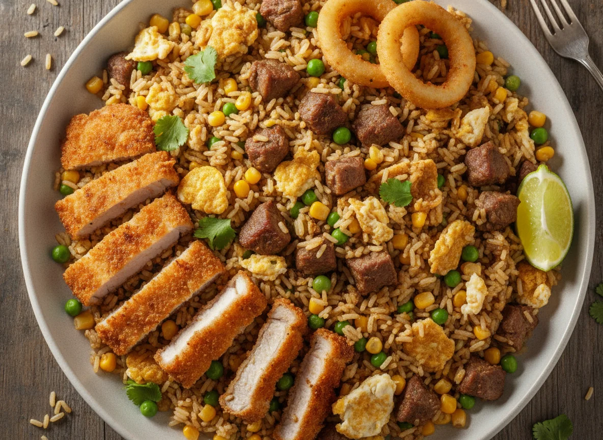 Arroz frito con carne y verduras photo