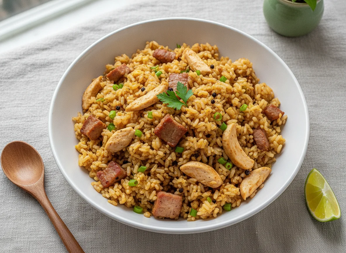 Arroz frito con cerdo y pollo photo