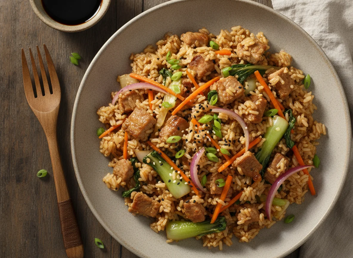 Arroz frito con cerdo y vegetales photo
