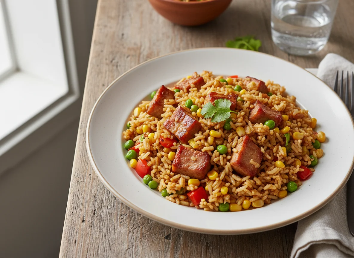 Arroz frito con cerdo y verduras photo