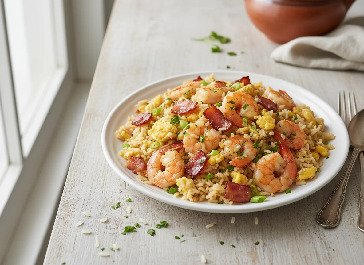 Arroz frito con gambas, bacon y huevo photo