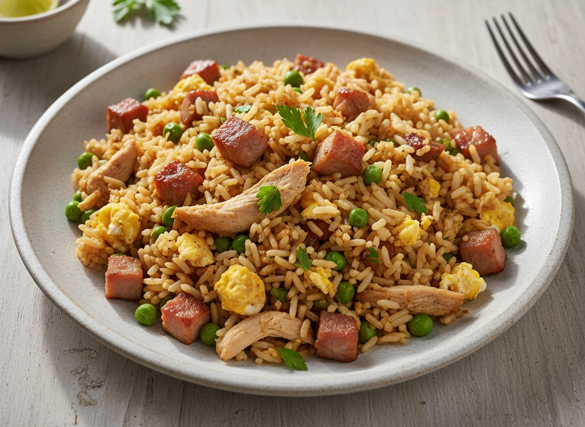 Arroz frito con guisantes y huevo photo