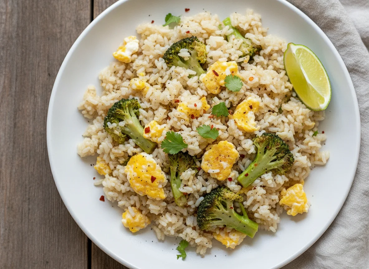 Arroz frito con huevo y brócoli photo